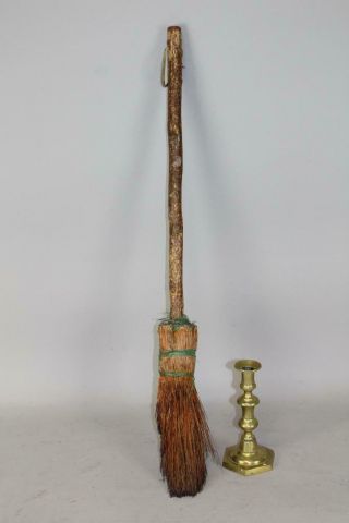 A Primitive 19th C Hearth Corn Husk Broom With Hand Carved Long Handle