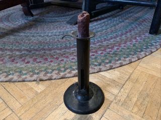 Early 19th Century Heavy Tin Hogscraper Push Up Candlestick W Blackpaint Surface
