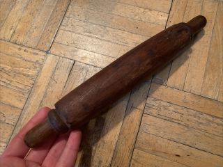 18th Century Sm Sz One Piece Wood Rolling Pin Slightly Domed W Carved Handles 2