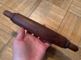 18th Century Sm Sz One Piece Wood Rolling Pin Slightly Domed W Carved Handles 3