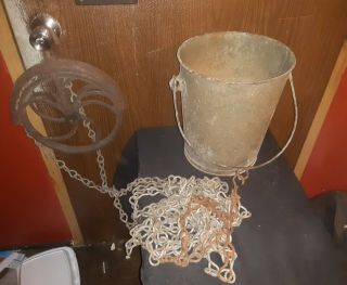 Antique 12 Well Pulley,  Galanized Water Bucket & Chain
