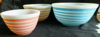Vintage 1965 Pyrex Rainbow Stripes Mixing Bowls 401 402 403 Pink Tan Blue
