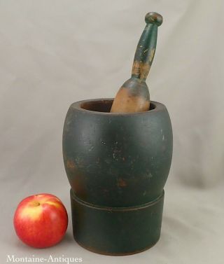 Finely Turned Mortar And Pestle W/ Green Paint C.  1800