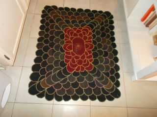 Late 1800s Early 1900s Large Sized Penny Rug With Denim Backing Maroon,  Black Br