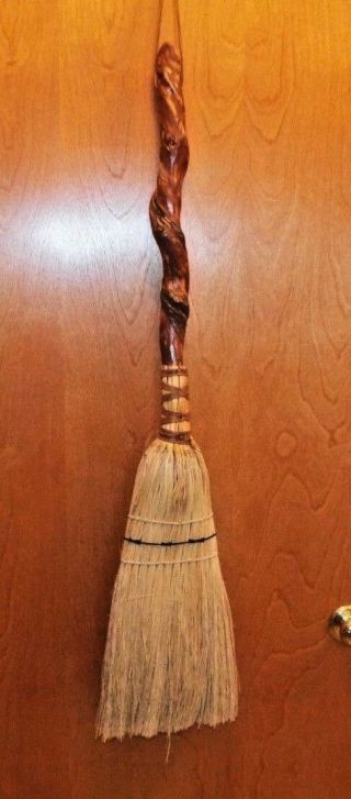 Vintage Twisted Wood Handle Hand Crafted Broom.  41 " Long.  Natural Fiber Bristles