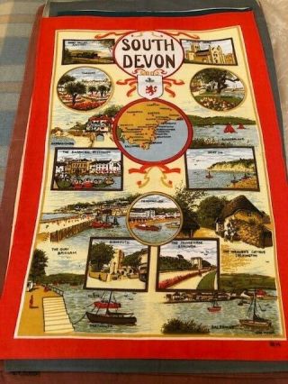 Vintage Cotton / Linen Souvenir Tea Towel - South Devon - Map - Great