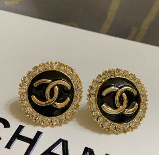 Authentic Vintage Chanel Large Cc Logo Black Enamel Clip On Earrings Gold Plated