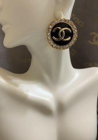 Authentic Vintage Chanel Large CC Logo Black Enamel Clip On Earrings Gold Plated 3