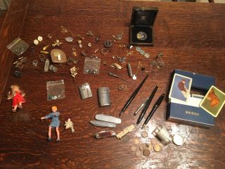 Vintage Antique Junk Drawer Knives,  Currency,  Sterling,  Jewelry,  Indian Head Pennies