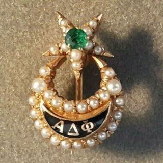 Alpha Delta Phi Fraternity - Badge / Pin - 14k Gold - Seed Pearls & Emerald