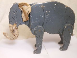 Good Vintage Antique Folk Art Circus Toy Jointed Elephant,  Cloth Ears & Trunk