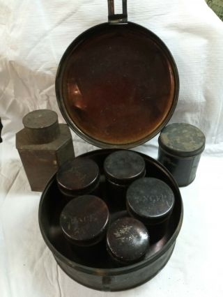 Antique Vintage Round Tin Metal Storage Box With 5 Spice Canisters Inside & 2 Lg