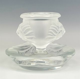 Vintage Signed Lalique French Crystal Lion Tete Dish & Vase Set Skr