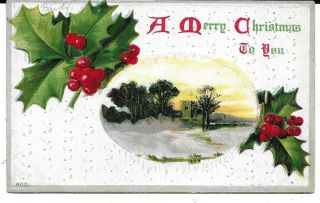 Vintage 1910 Christmas Postcard,  Embossed Holly Berries And Winter Scene Inset