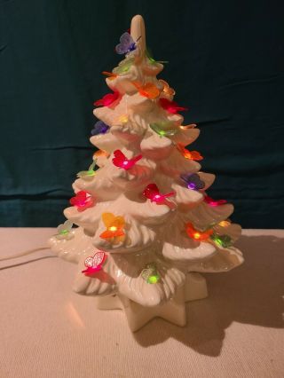 Vintage Atlantic Mold 13 " White Ceramic Butterfly Christmas Tree With Music Box