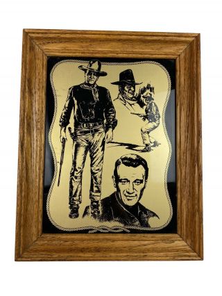 Vintage John Wayne As Cowboy Wood Framed Painted Glass Tile,  14”h X 11”w