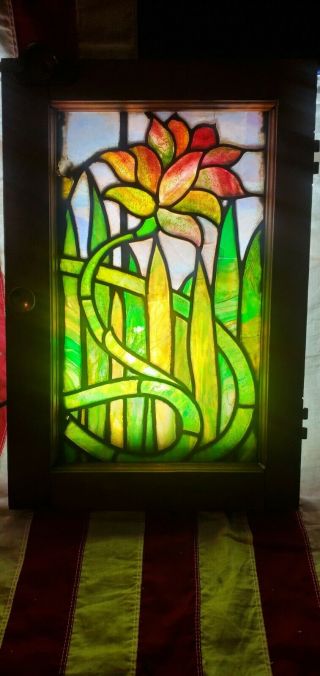 Vintage Stained Leaded Glass Old Wood Frame Cabinet Door Window