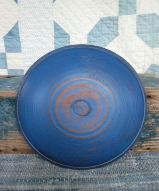 Small Antique Wood Dough Bowl W Rim Cupboard Blue Paint 10 - 1/2 "