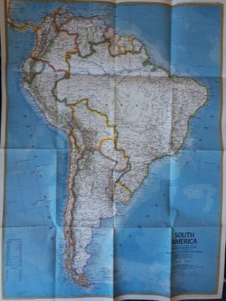Vintage 1972 Large National Geographic Folding/wall Map South America,  2 - Sided