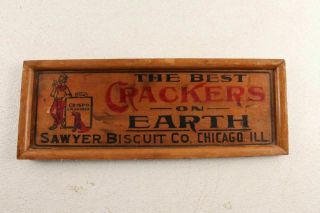 Antique Crispo Crackers Best On Earth Sawyer Biscuit Advertising Wood Sign