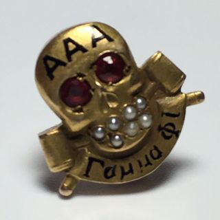 Aaa - Alpha Alpha Alpha 10k Gold,  Skull & Gavels W/ Rubies,  Pearls Vintage Pin