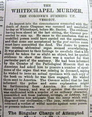 1888 British Newspaper Jack The Ripper Murder Of Anne Chapman Whitechapel London