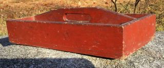 Antique Prim Old Brick Red Paint Wooden Handle Tool Tote Caddy Carrier