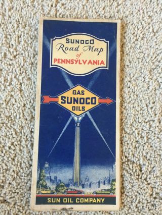 Vintage 1930s Sunoco Oil Company Road Map Of Pennsylvania