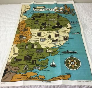 Vintage Kitchen Souvenir,  East Anglia,  England,  Map,  Sea,  Linen,  By Ulster