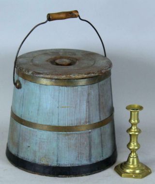 A Rare 19th C Round Shaker Staved Covered Firkin In Blue Paint