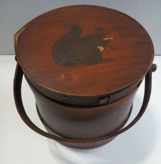 Antique Wood Vintage Primitive Wooden Firkin Sugar Bucket Squirrel Lid