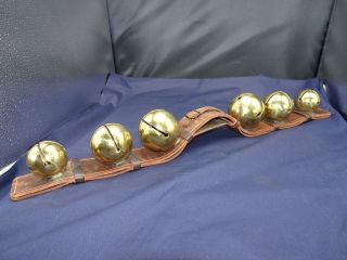 Antique 6 Large Brass Sleigh Bells On Leather 24” Lg.