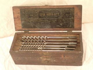 Vintage Russell Jennings 13 Auger Bits Set In Oak Wood Tiered Storage Box
