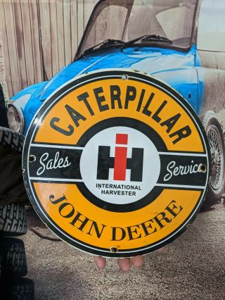 Vintage Old Caterpillar John Deere Salels Tractor Heavy Metal Porcelain Sign