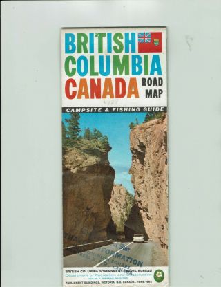 British Columbia,  Canada Vintage 1964 - 1965 Road Map,  Campsite & Fishing Guide