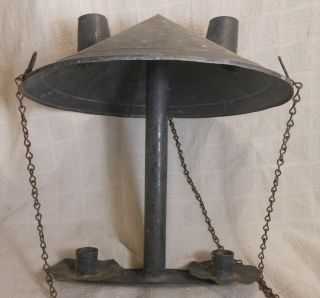 Antique Tin Smith Made Hanging Double Candle Light With Conical Shade