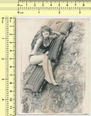 Bikini Woman Floating Mattress Abstract Beach Portrait Lady Vintage Photo Orig.