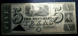 1840 $5 Republic Of Texas Note - Cancelled - Scarce