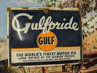 Vintage Old Large Gulfpride Gasoline Motor Oil Porcelain Enamel Fuel Pump Sign
