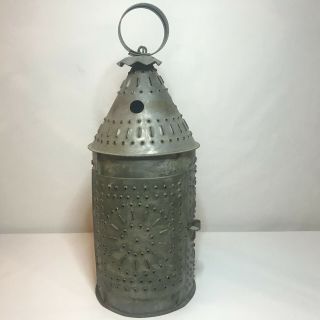 Antique? American Folk Art Punched Pierced Tin Sheet Metal Candle Lantern Lamp