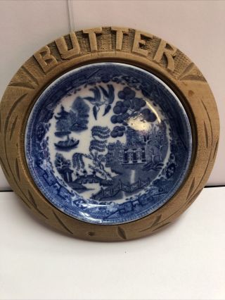 Vintage English Carved Wood Butter Dish Stoke - On - Trent Blue Willow Inset Dish