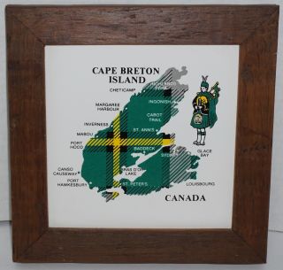 Vintage Framed Cape Breton Island Canada Tartan Map 6 " Tile Wood Frame Bagpipes