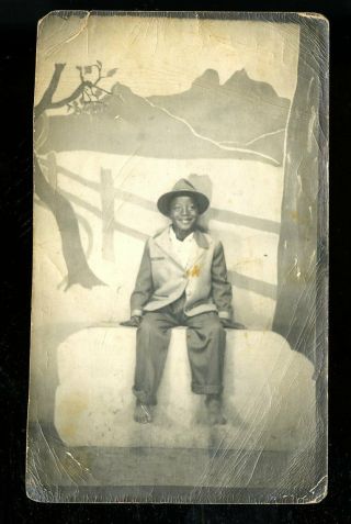 Vintage Arcade Photo African American Boy In Borrowed Suit And Hat Sits Barefoot