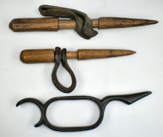 3 Antique Corn Shuckers Vtg.  Huskers Primitive Farm Tools Wood & Cast Iron