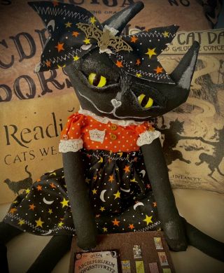 Primitive Black Cat Doll With Ouija Board & Tarot Cards Metaphysical Handmade