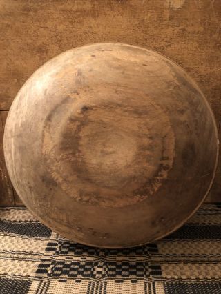 Antique Early Primitive Hand Carved Wood Dough Old Patina Bowl 13 1/2” With Rim