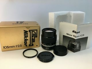 Vintage Nikon Nikkor 105mm F/2.  5 Ais Mf Telephoto Camera Lens,  Box