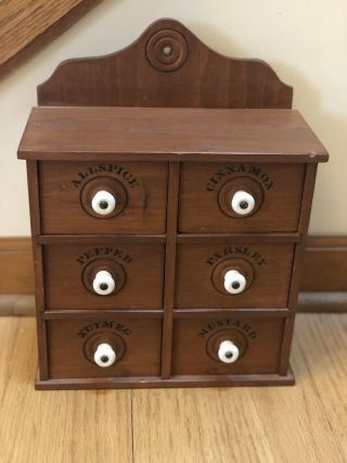 Antique 6 Drawer Apothecary Spice Wood Storage Box Cabinet Porcelain Pulls