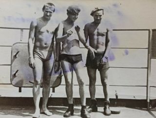 Vintage Photo Muscular Handsome Shirtless Guys Men Trunks Beach Gay Interest