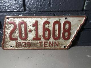 1939 Tennessee Shaped License Plate - - Vintage Antique